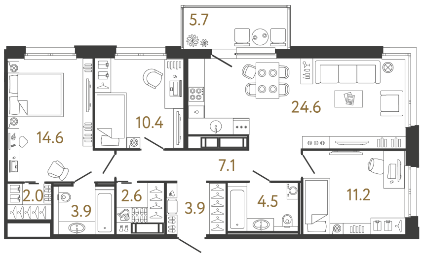 Трёхкомнатная квартира №200 в ЖК Передвижники - 84.8 м²