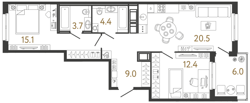 Двухкомнатная квартира №308 в ЖК Передвижники - 65.1 м²