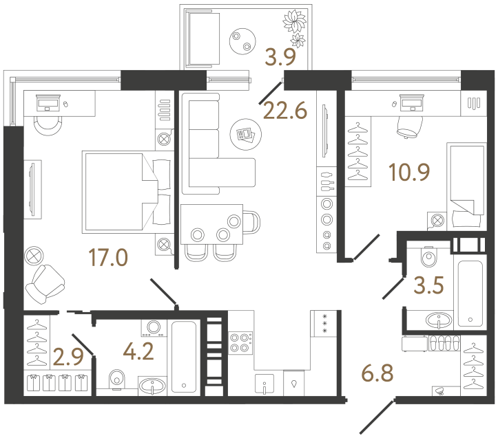 Двухкомнатная квартира №184 в ЖК Передвижники 2 - 67.9 м²