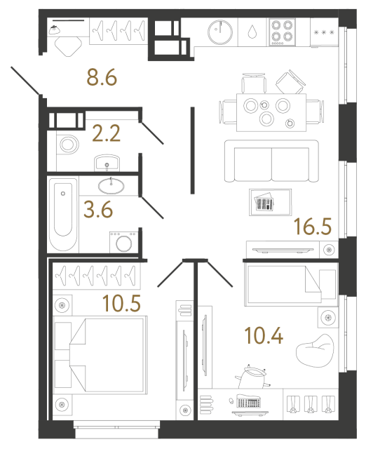 Двухкомнатная квартира №929 в ЖК Струны 2 оч. - 51.8 м²