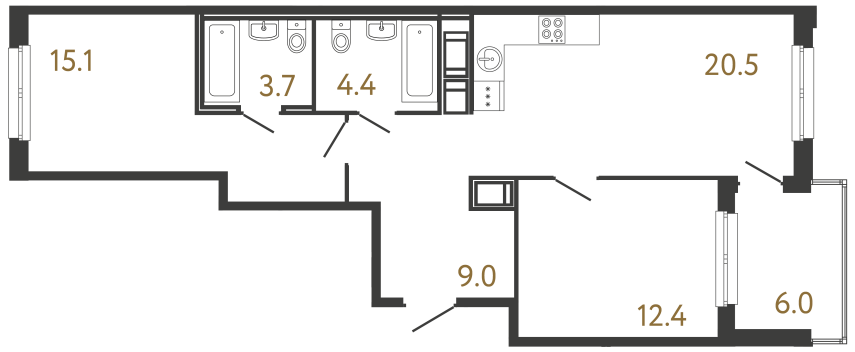 Двухкомнатная квартира №287 в ЖК Передвижники - 65.1 м²  - №2