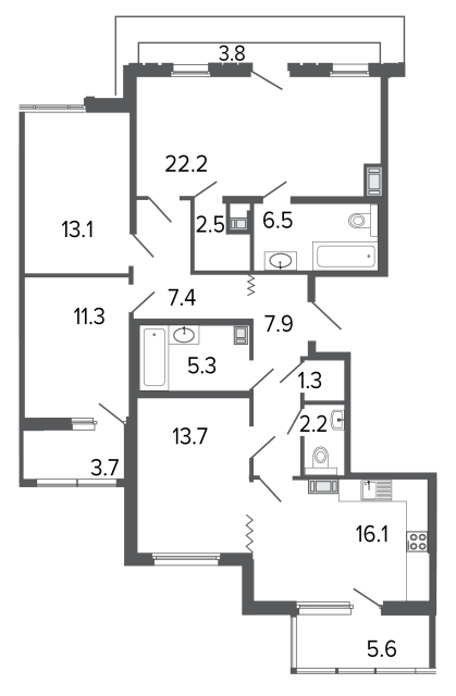 Четырехкомнатная квартира №210 в ЖК Созидатели - 109.5 м²  - №2