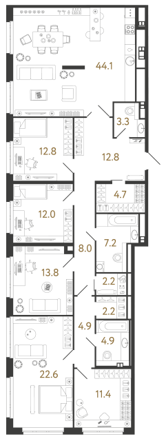 Пятикомнатная квартира №11 в ЖК Визионер - 166.9 м²