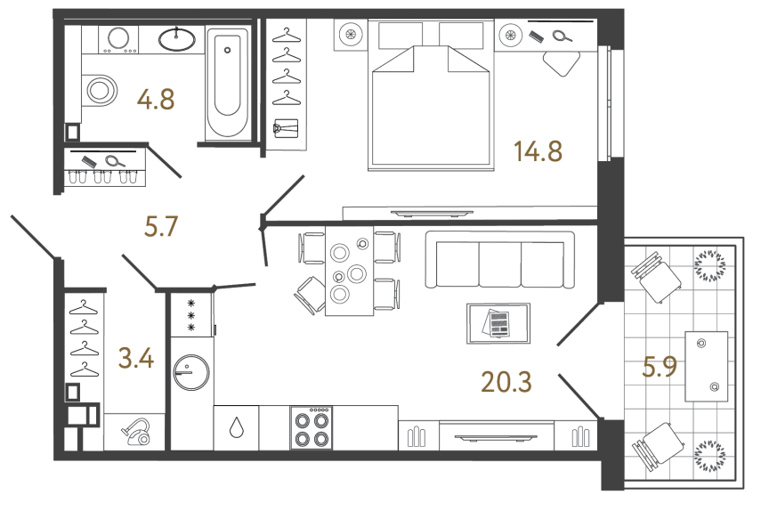 Однокомнатный номер №13 в комплексе «Репин» - 49 м²