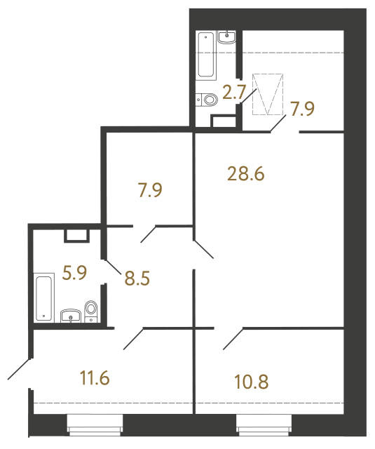Двухкомнатный номер №72 в ЖК Типография - 83.9 м²  - №2