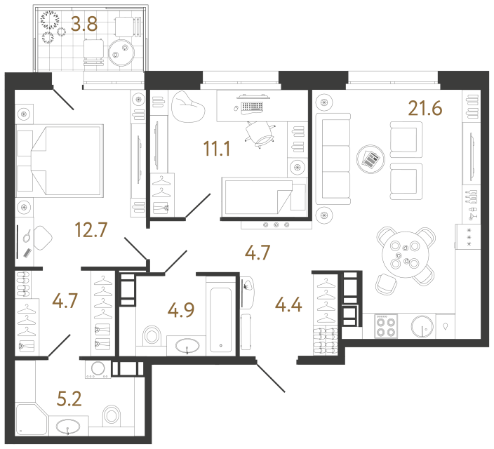 Двухкомнатная квартира №393 в ЖК Куинджи - 69.3 м²