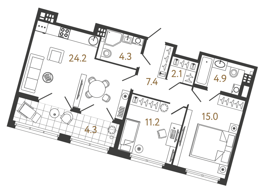 Двухкомнатная квартира №44 в ЖК Миръ - 69 м²