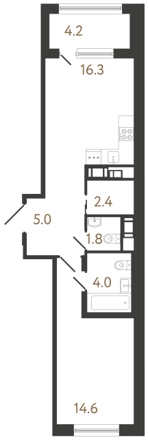 Однокомнатная квартира №203 в ЖК Передвижники 2 - 44.1 м²  - №2