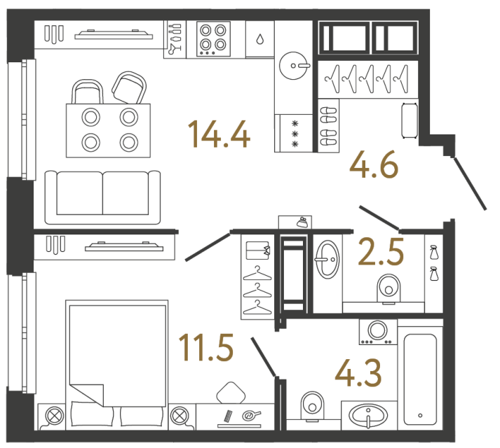 Однокомнатная квартира №14 в ЖК Передвижники - 37.3 м²