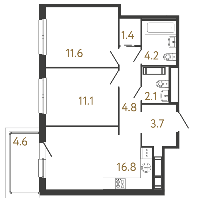 Двухкомнатная квартира №349 в ЖК Передвижники - 55.7 м²  - №2