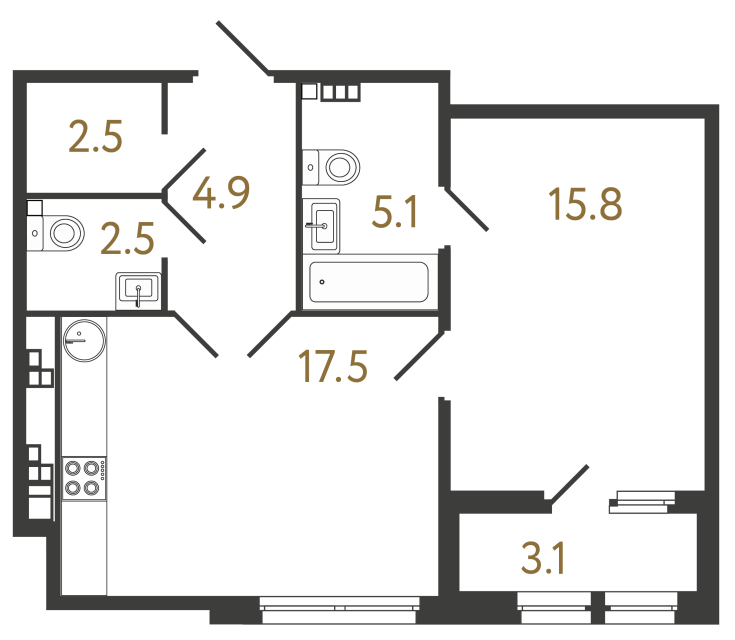 Однокомнатная квартира №149 в ЖК Миръ - 48.3 м²  - №2