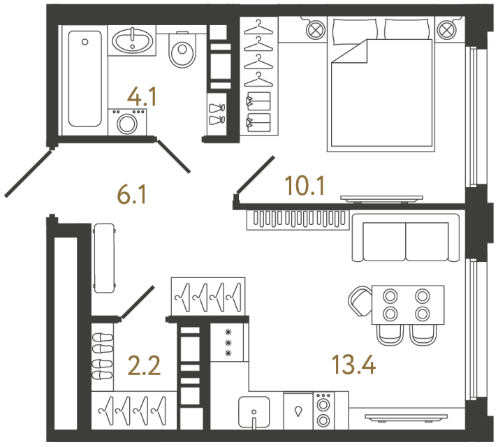 Однокомнатная квартира №1030 в ЖК Гений - 35.9 м²