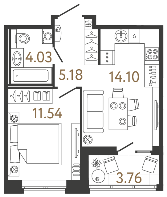 Однокомнатная квартира №643 в ЖК Ultra City 3 - 34.85 м²