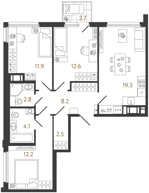 Трёхкомнатная квартира №1112 в ЖК Гений - 73.6 м²