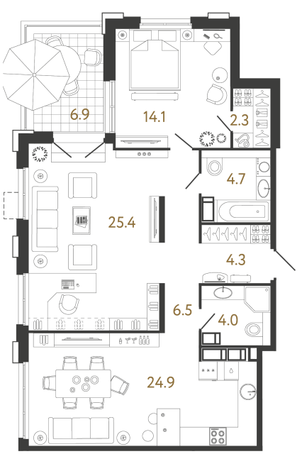 Двухкомнатная квартира №708 в ЖК Струны 2 оч. - 86.2 м²