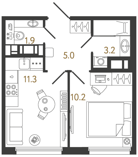 Однокомнатная квартира №1184 в ЖК Гений - 31.6 м²