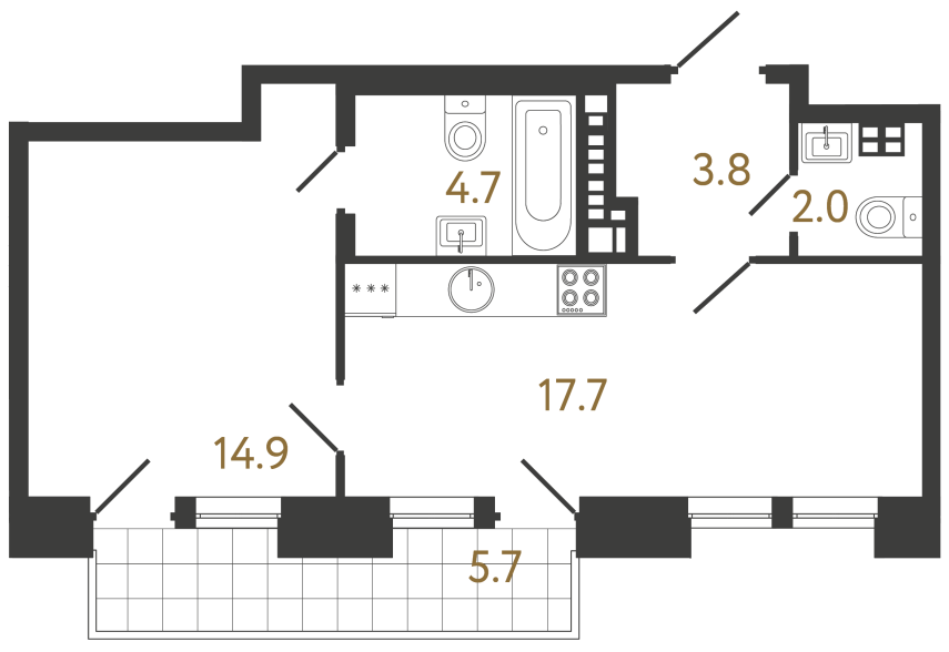 Однокомнатная квартира №14 в ЖК Коллекционер - 43.1 м²  - №2