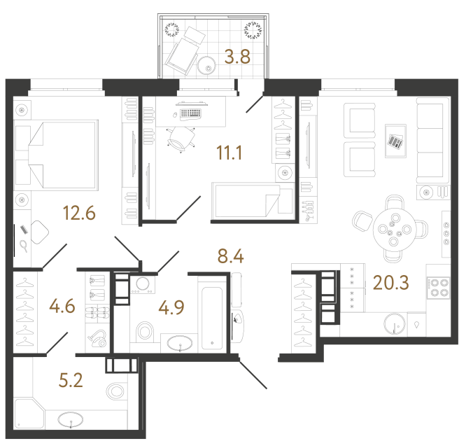 Двухкомнатная квартира №342 в ЖК Куинджи - 67.1 м²