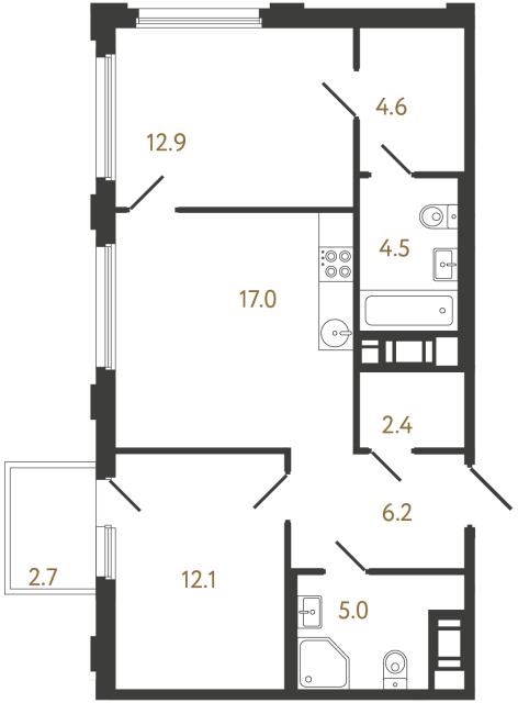 Двухкомнатная квартира №809 в ЖК Гений - 64.7 м²  - №2