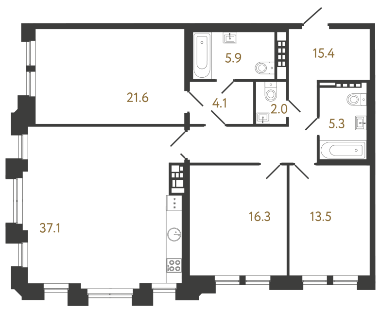Трёхкомнатная квартира №52 в ЖК Коллекционер - 121.2 м²  - №2