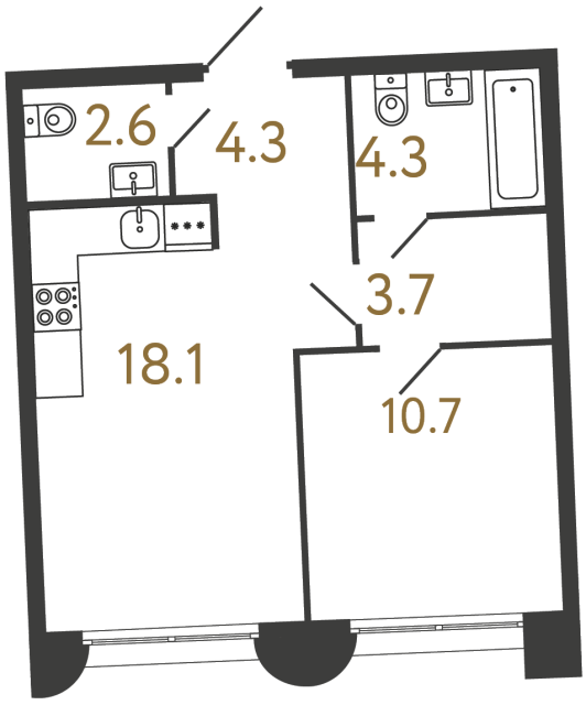 Однокомнатная квартира №1 в ЖК Цвет Зеленогорска - 43.7 м²  - №2