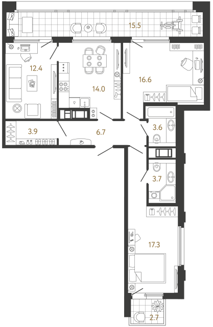 Трёхкомнатная квартира №200 в ЖК Гений - 78.2 м²