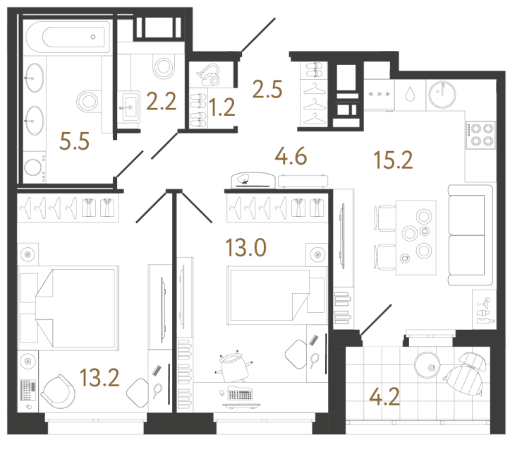 Двухкомнатная квартира №11 в ЖК Литера - 57.4 м²