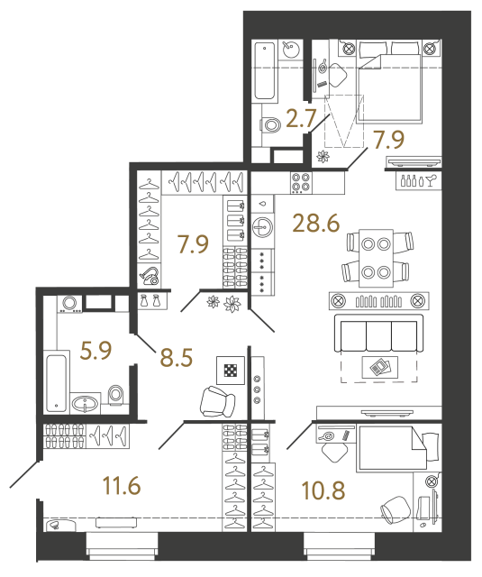 Двухкомнатный номер №72 в ЖК Типография - 83.9 м²