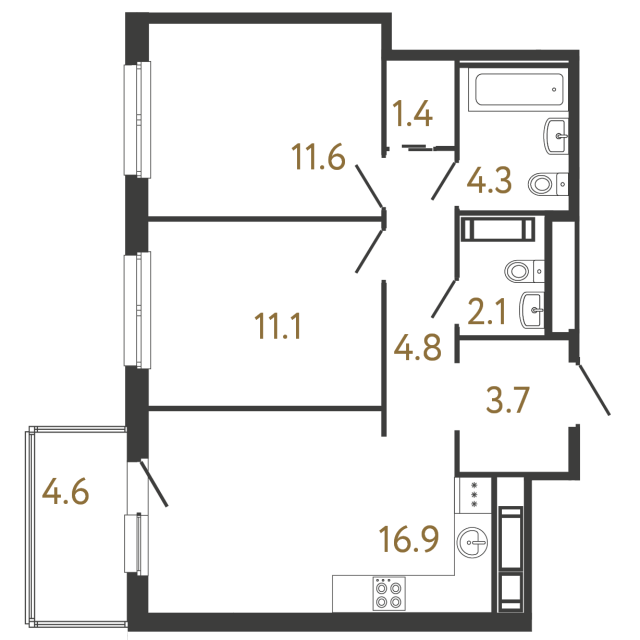 Двухкомнатная квартира №293 в ЖК Передвижники - 55.9 м²  - №2