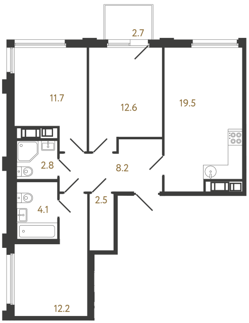 Трёхкомнатная квартира №521 в ЖК Гений - 73.6 м²  - №2