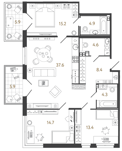 Трёхкомнатный номер №15 в комплексе «Репин» - 103.1 м²