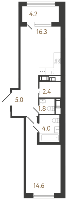 Однокомнатная квартира №190 в ЖК Передвижники 2 - 44.1 м²  - №2