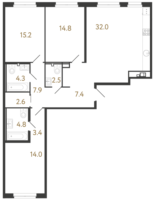 Трёхкомнатная квартира №66 в ЖК Визионер - 108.9 м²  - №2