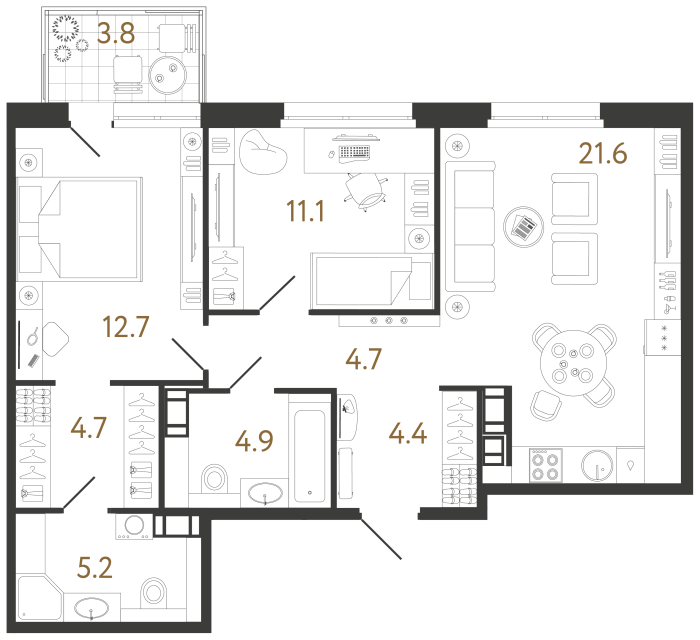 Двухкомнатная квартира №443 в ЖК Куинджи - 69.3 м²