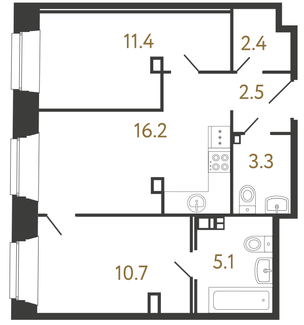 Двухкомнатные апартаменты №39 в ЖК Светоч - 51.6 м²  - №2