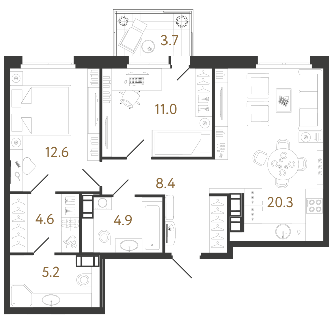 Двухкомнатная квартира №286 в ЖК Куинджи - 67 м²