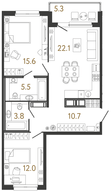 Двухкомнатная квартира №255 в ЖК Передвижники - 69.7 м²