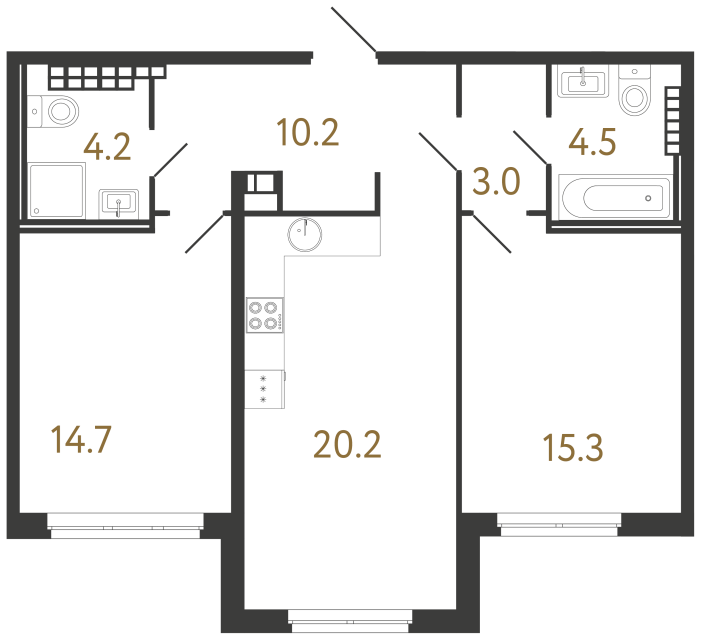 Двухкомнатная квартира №42 в ЖК Визионер - 72.1 м²  - №2