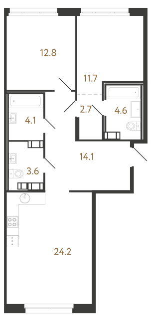 Двухкомнатная квартира №62 в ЖК Куинджи - 77.8 м²  - №2