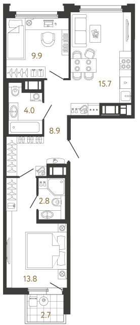Двухкомнатная квартира №211 в ЖК Гений - 55.1 м²