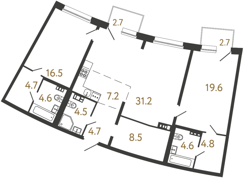 Двухкомнатная квартира №82 в ЖК Цвет Зеленогорска - 110.9 м²  - №2