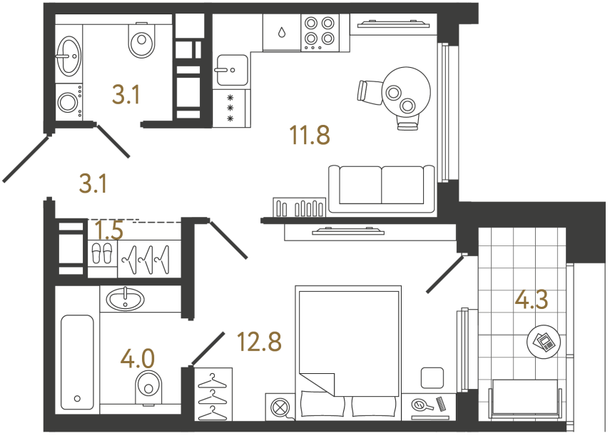 Однокомнатная квартира №905 в ЖК Гений - 36.3 м²