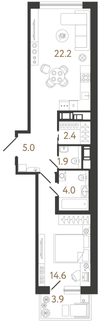 Однокомнатная квартира №255 в ЖК Передвижники 2 - 50.1 м²