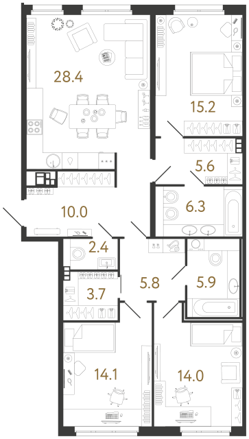 Трёхкомнатная квартира №17 в ЖК Визионер - 111.4 м²