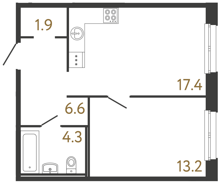 Однокомнатная квартира №195 в ЖК Передвижники - 43.4 м²  - №2