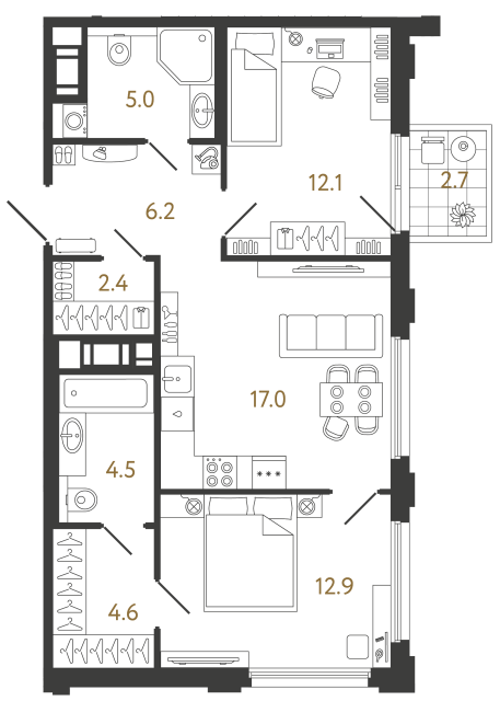 Двухкомнатная квартира №241 в ЖК Гений - 64.7 м²