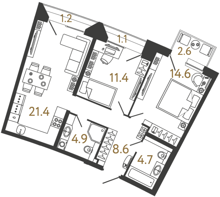 Двухкомнатная квартира №51 в ЖК Цвет Зеленогорска - 65.6 м²