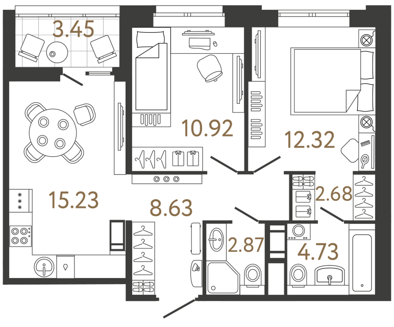 Двухкомнатная квартира №670 в ЖК Ultra City 3 - 56.92 м²