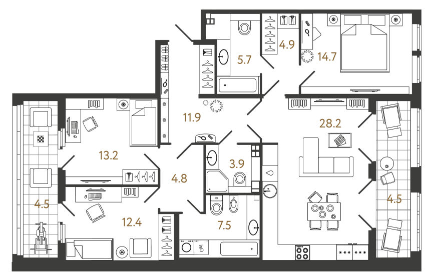 Трёхкомнатная квартира №28 в ЖК Миръ - 107.6 м²