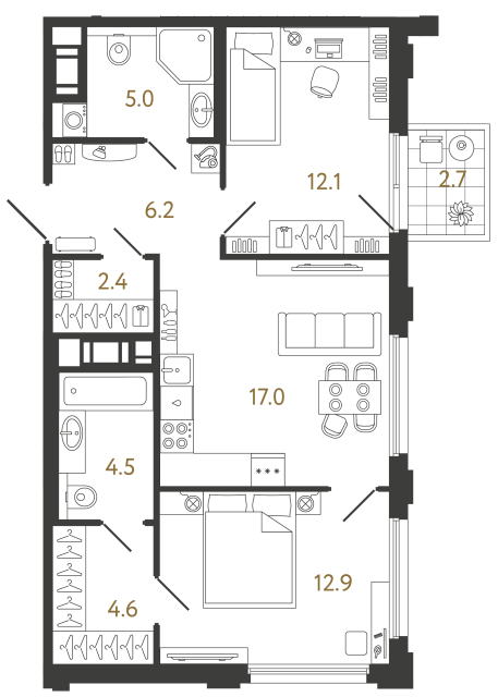 Двухкомнатная квартира №291 в ЖК Гений - 64.7 м²